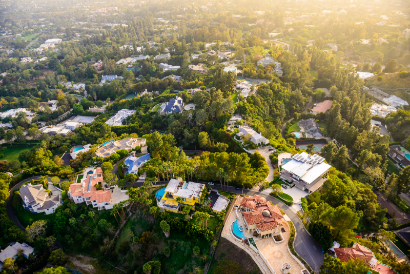 Beverly Hills mansions landscape aerial view -Los Angeles California